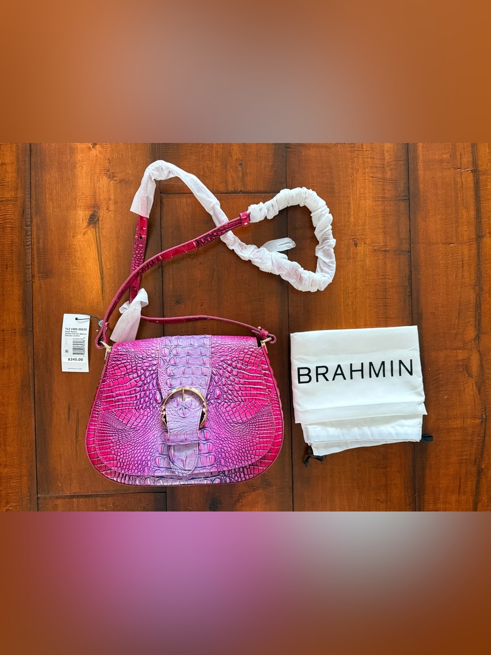 Brahmin Pink Croc-Embossed Crossbody Bag with Gold Buckle